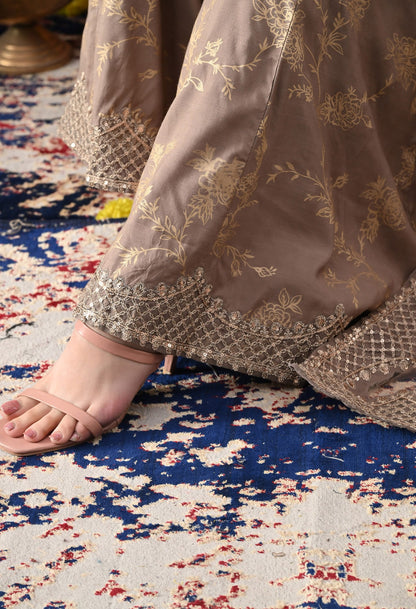 Wood Brown Cotton Silk Sharara Set with intricate sequin and zardozi work, paired with a net dupatta