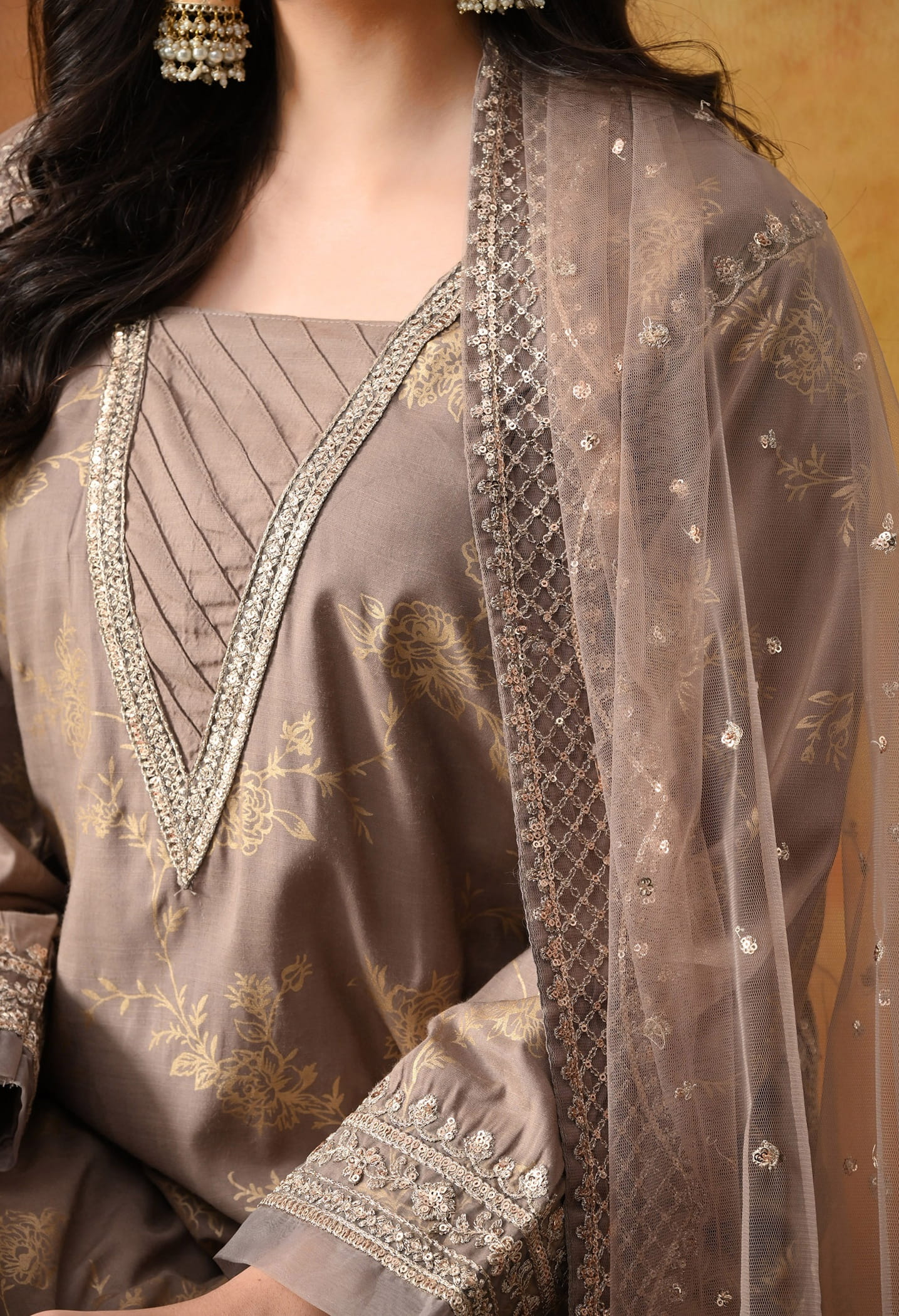 Wood Brown Cotton Silk Sharara Set with intricate sequin and zardozi work, paired with a net dupatta