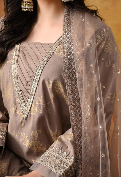 Wood Brown Cotton Silk Sharara Set with intricate sequin and zardozi work, paired with a net dupatta