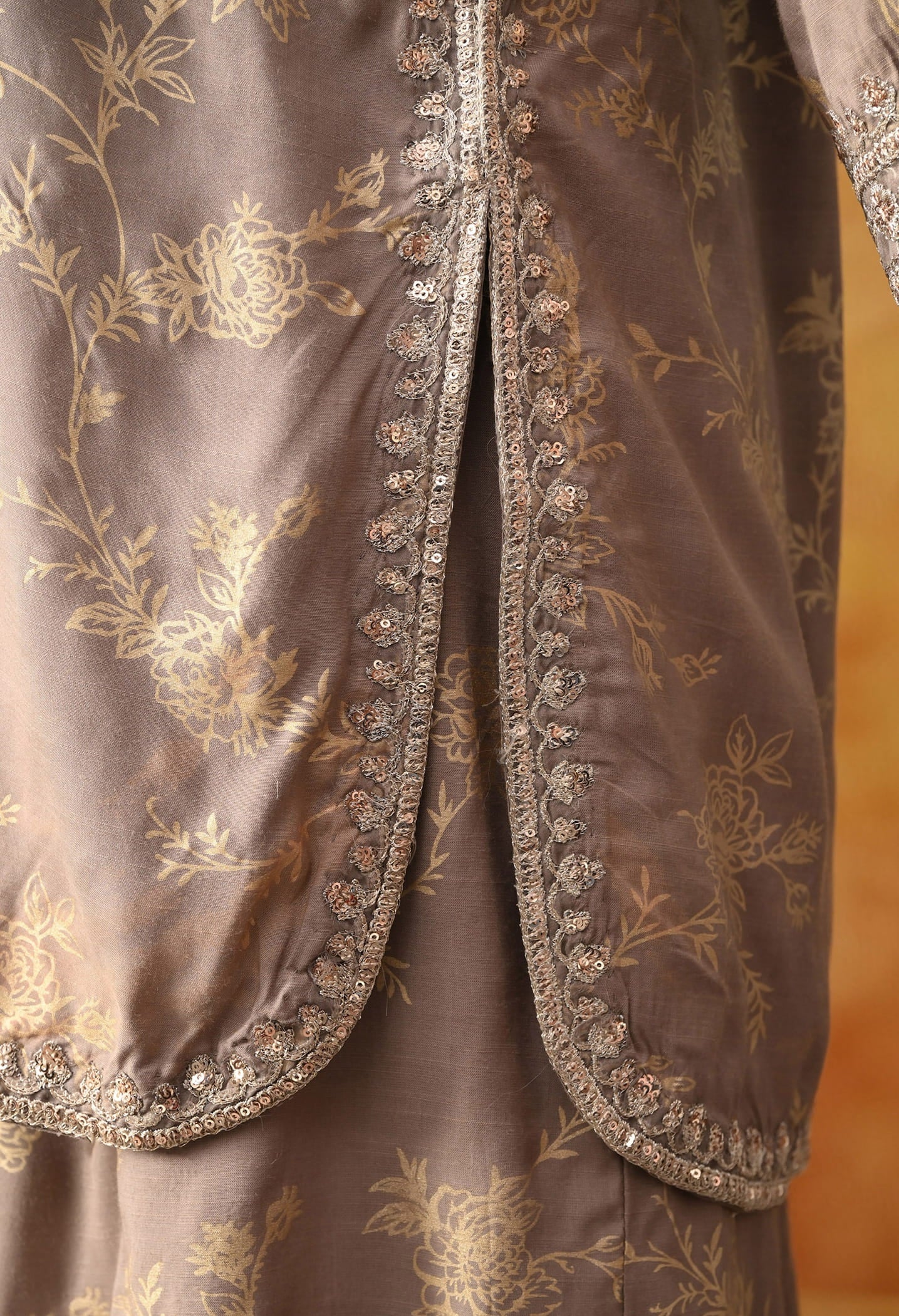 Wood Brown Cotton Silk Sharara Set with intricate sequin and zardozi work, paired with a net dupatta