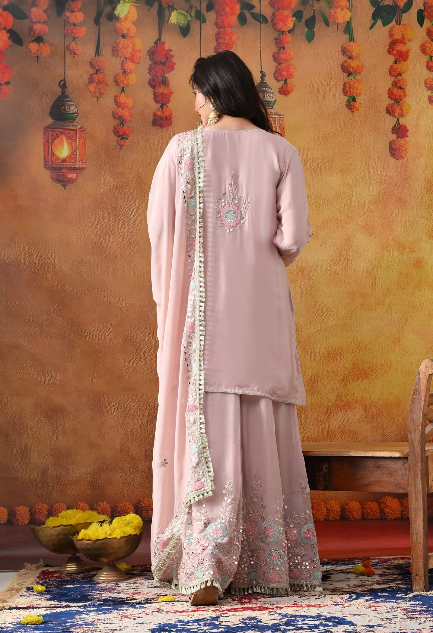Light Pink Chinon Sharara Set with intricate thread, gotta, applique, and mirror work, paired with a matching dupatta