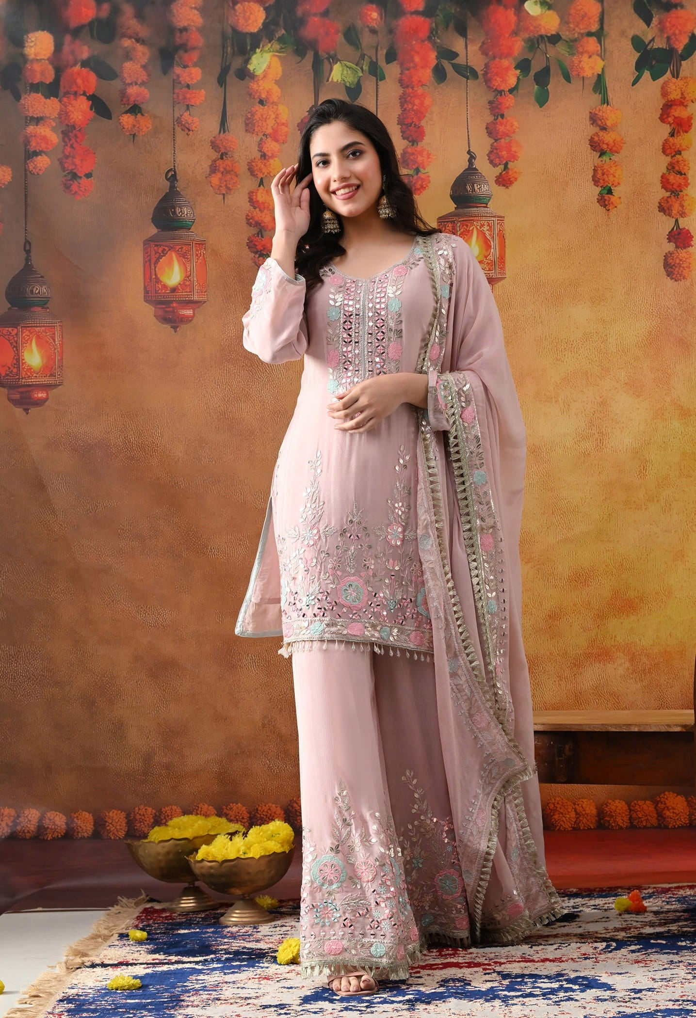 Light Pink Chinon Sharara Set with intricate thread, gotta, applique, and mirror work, paired with a matching dupatta