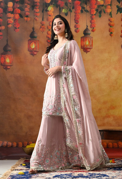 Light Pink Chinon Sharara Set with intricate thread, gotta, applique, and mirror work, paired with a matching dupatta