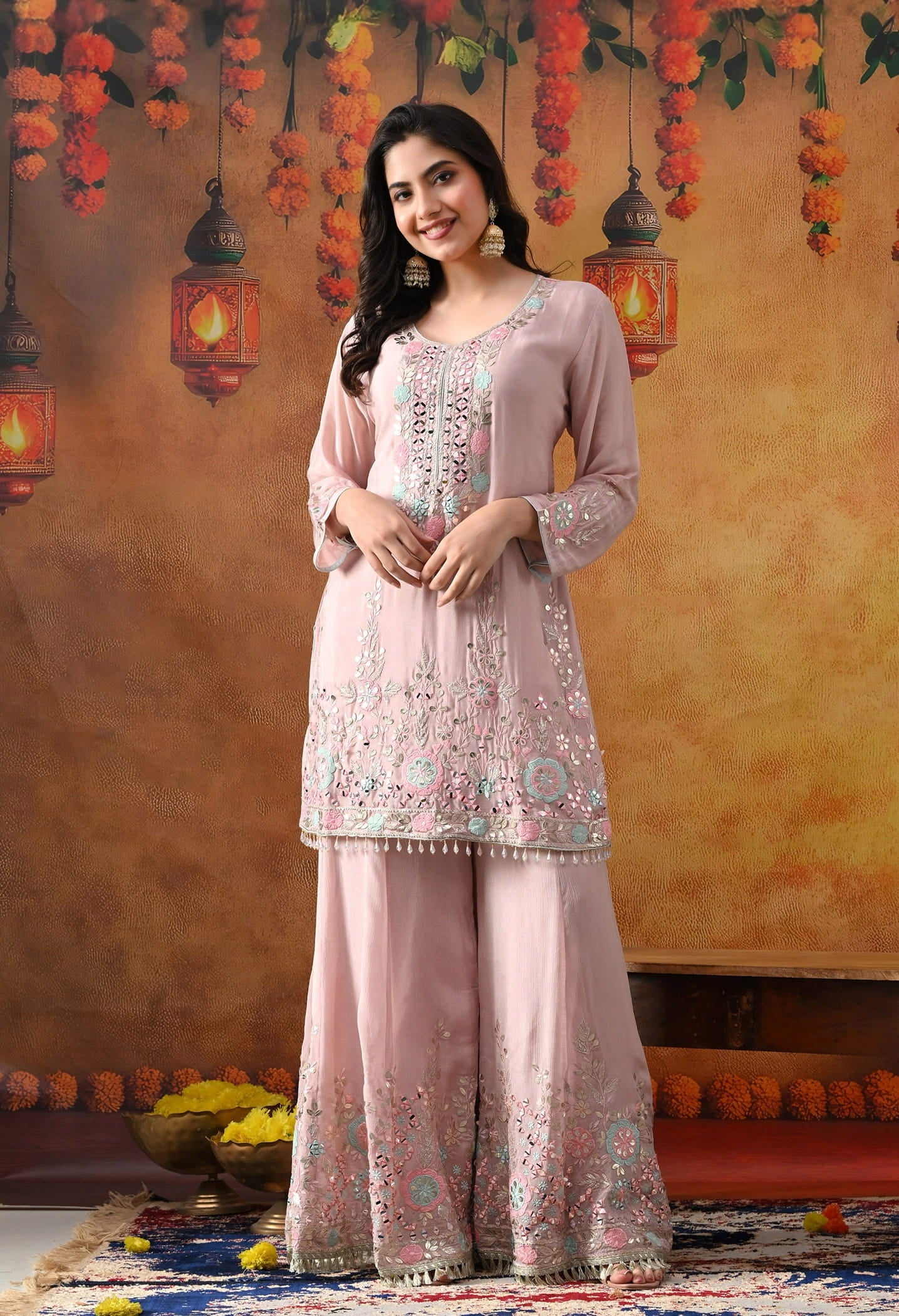 Light Pink Chinon Sharara Set with intricate thread, gotta, applique, and mirror work, paired with a matching dupatta