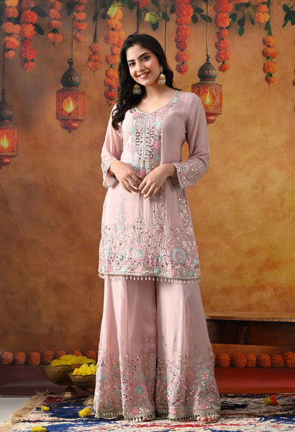 Light Pink Chinon Sharara Set with intricate thread, gotta, applique, and mirror work, paired with a matching dupatta
