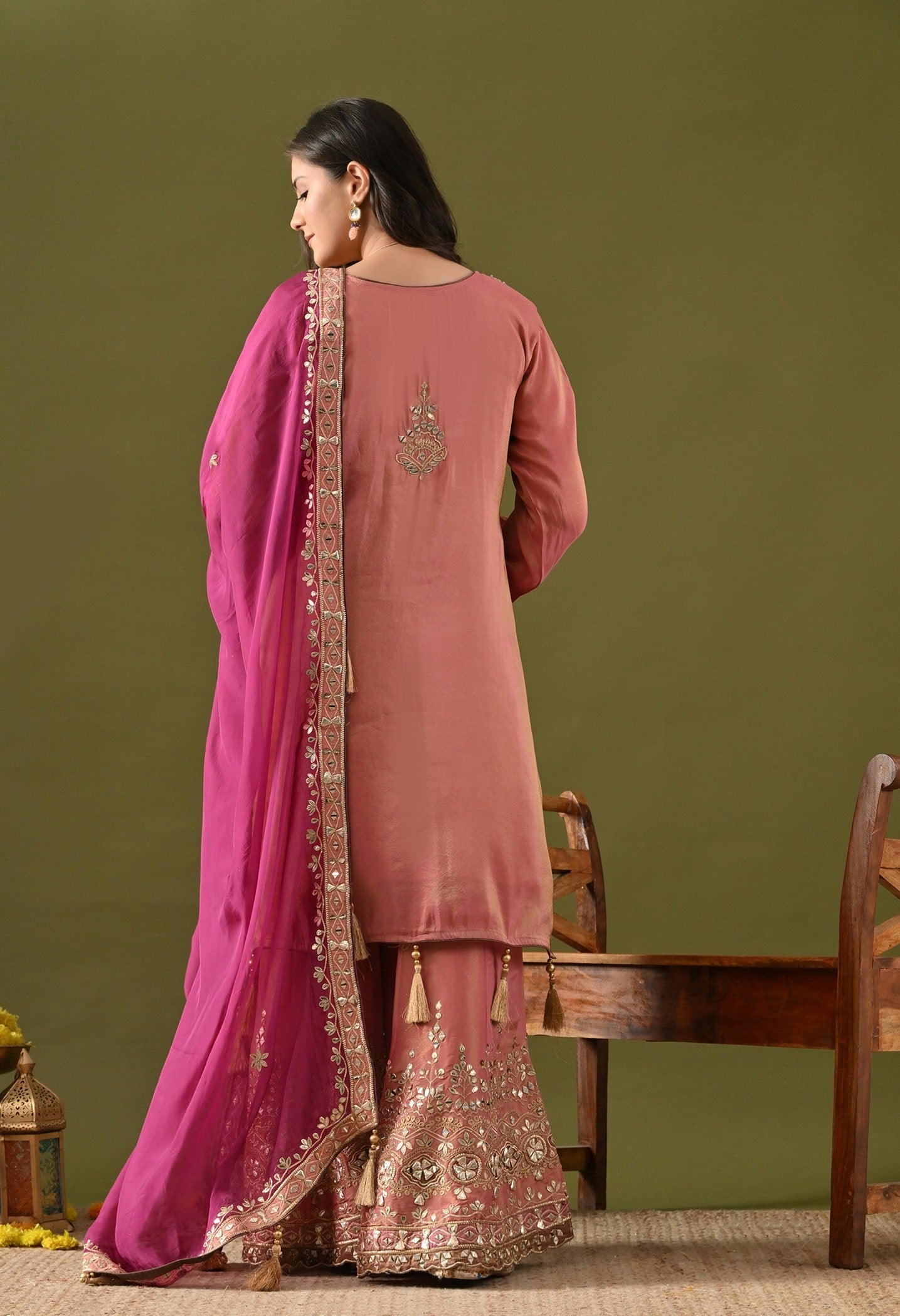 Carrot Pink Gharara Set with Gotta, Zardozi, Mirror & Applique Work
