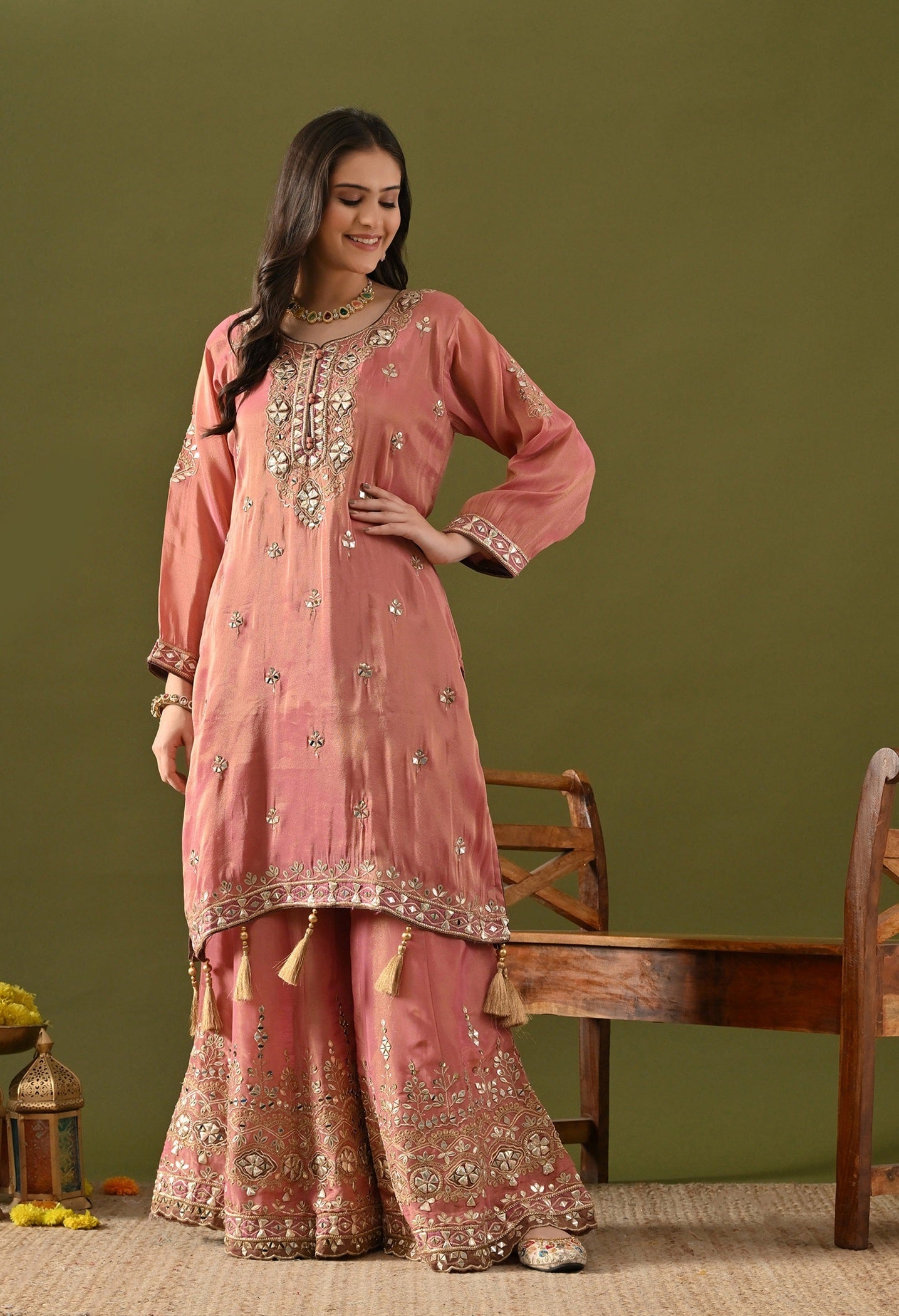 Carrot Pink Gharara Set with Gotta, Zardozi, Mirror & Applique Work
