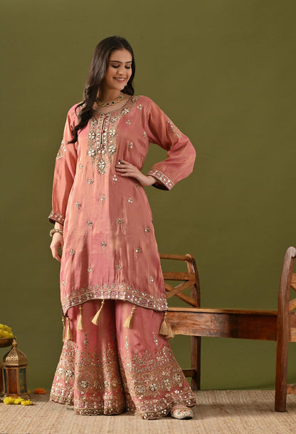 Carrot Pink Gharara Set with Gotta, Zardozi, Mirror & Applique Work