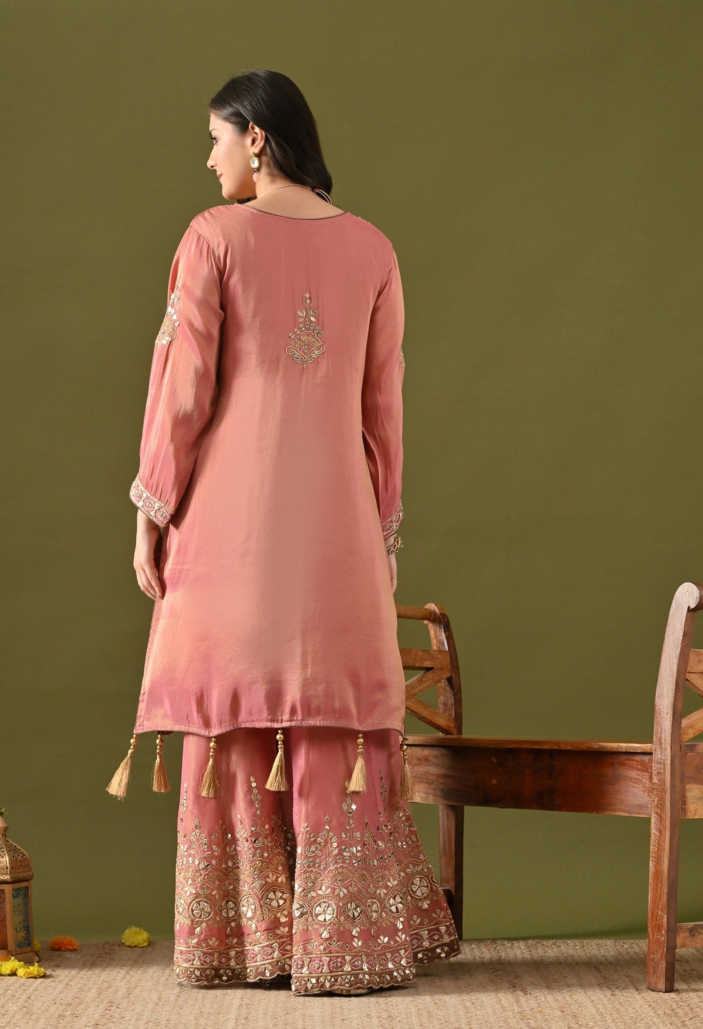 Carrot Pink Gharara Set with Gotta, Zardozi, Mirror & Applique Work