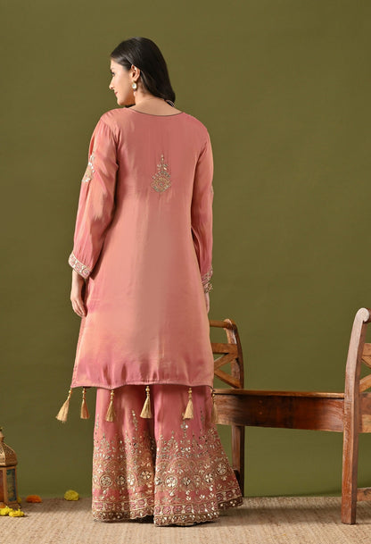 Carrot Pink Gharara Set with Gotta, Zardozi, Mirror & Applique Work