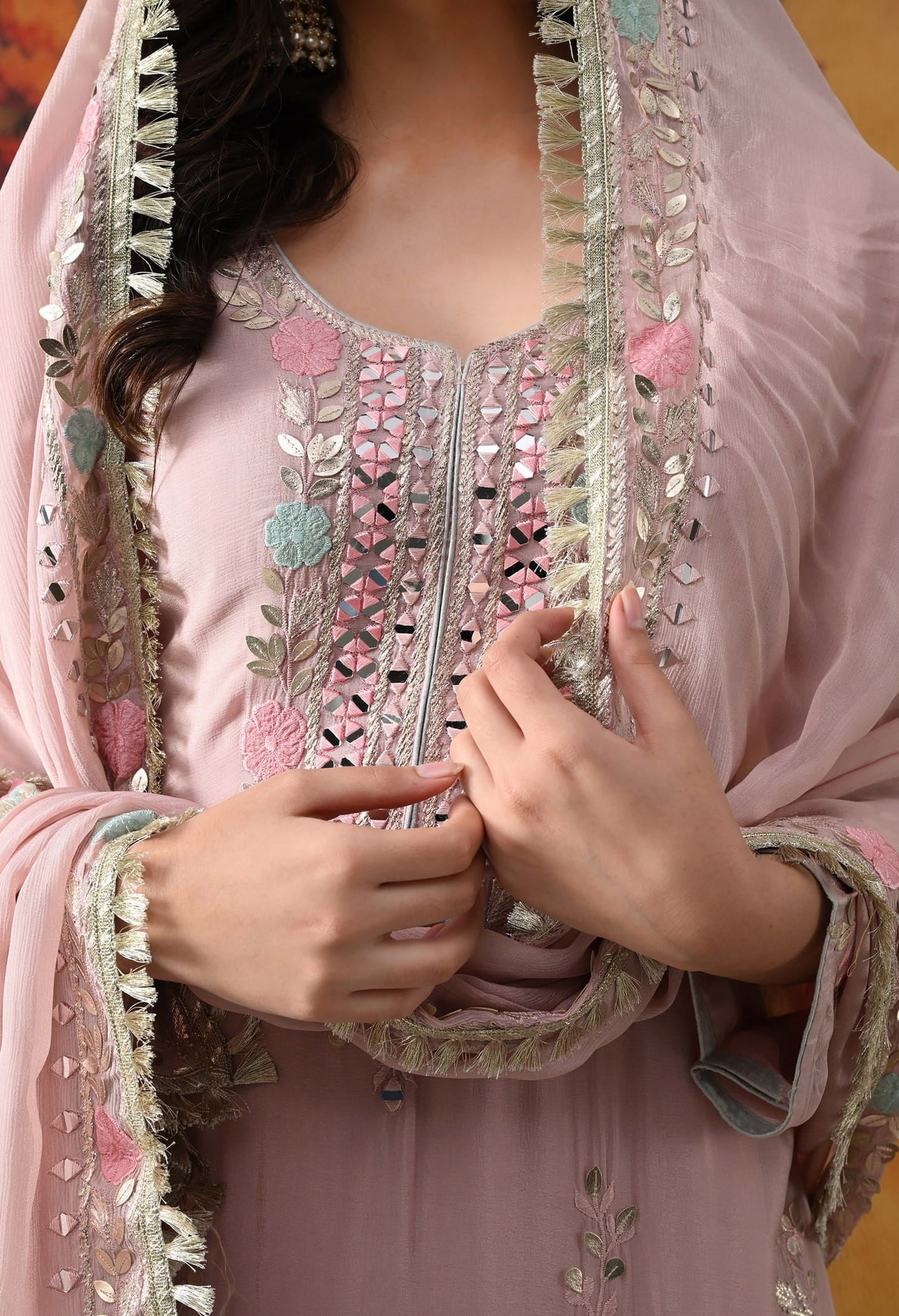 Light Pink Chinon Sharara Set with intricate thread, gotta, applique, and mirror work, paired with a matching dupatta