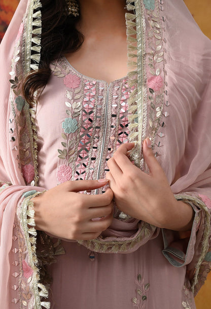 Light Pink Chinon Sharara Set with intricate thread, gotta, applique, and mirror work, paired with a matching dupatta