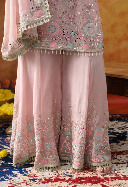 Light Pink Chinon Sharara Set with intricate thread, gotta, applique, and mirror work, paired with a matching dupatta