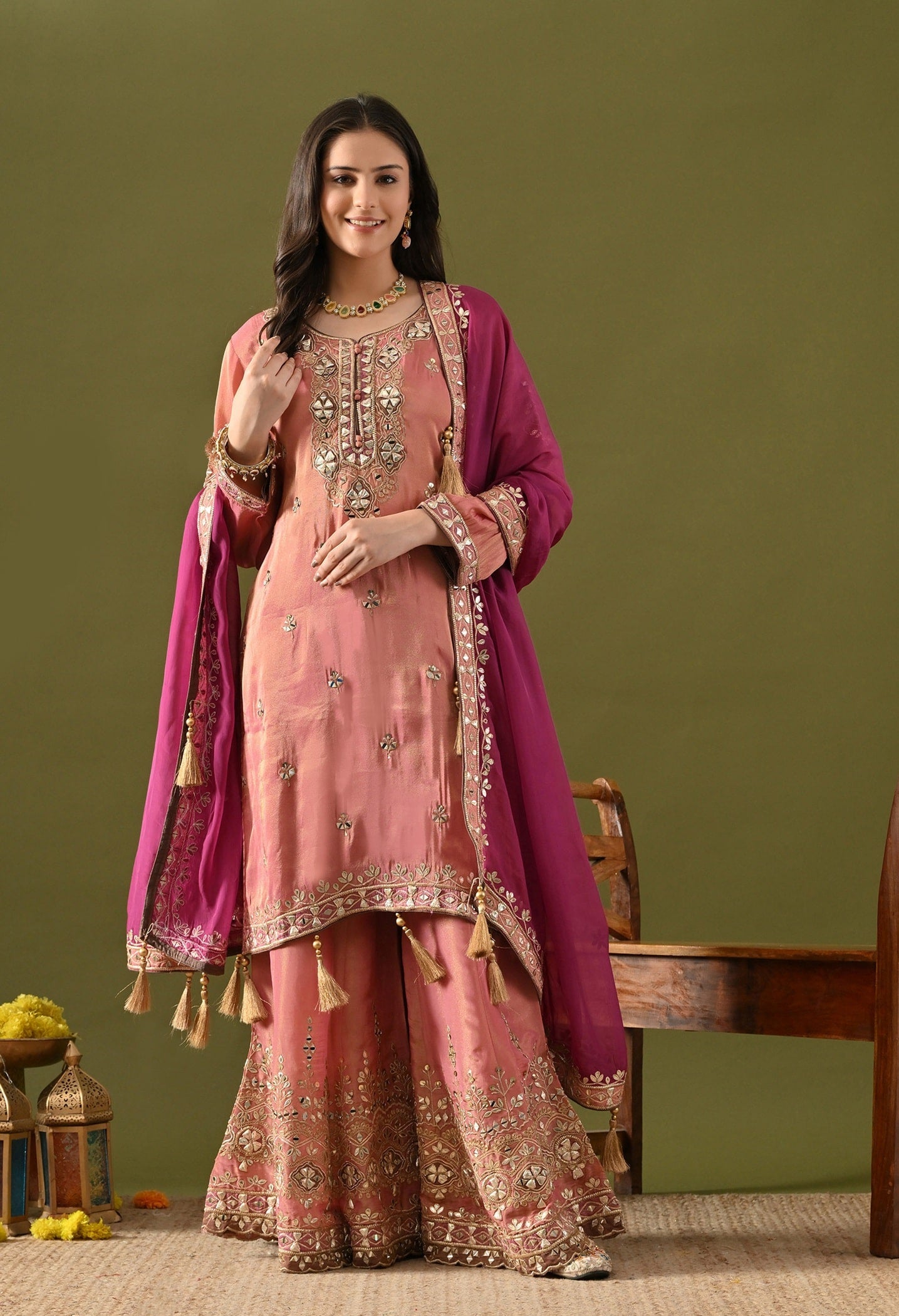 Carrot Pink Gharara Set with Gotta, Zardozi, Mirror & Applique Work