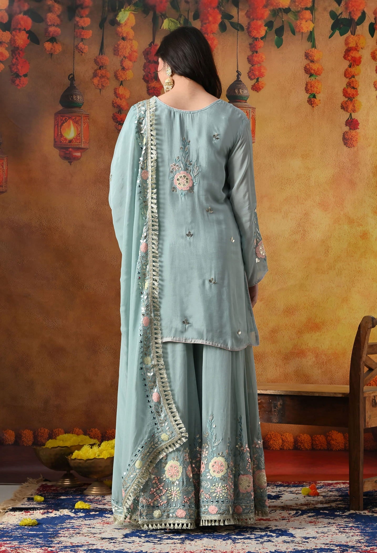 Sapphire Blue Chinon Sharara Set with intricate thread, gotta, applique, and mirror work, paired with a matching dupatta
