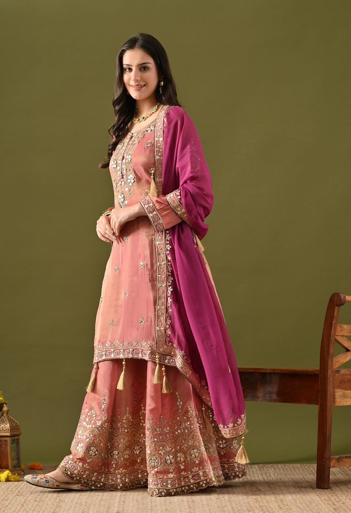 Carrot Pink Gharara Set with Gotta, Zardozi, Mirror & Applique Work