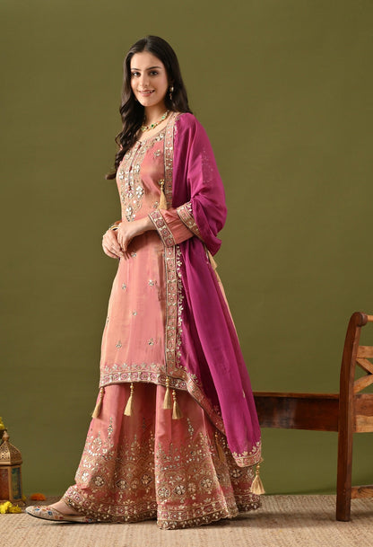 Carrot Pink Gharara Set with Gotta, Zardozi, Mirror & Applique Work
