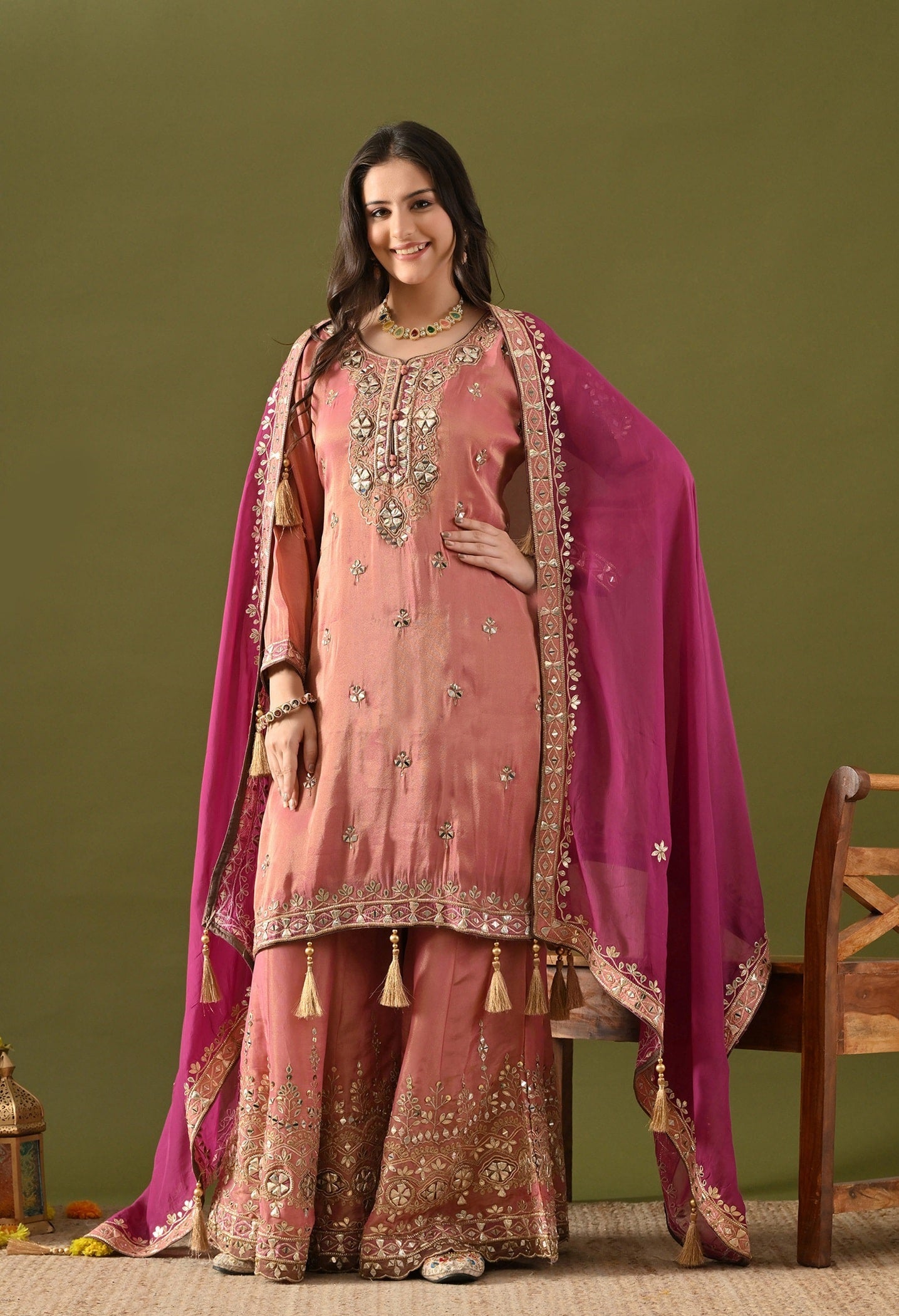 Carrot Pink Gharara Set with Gotta, Zardozi, Mirror & Applique Work