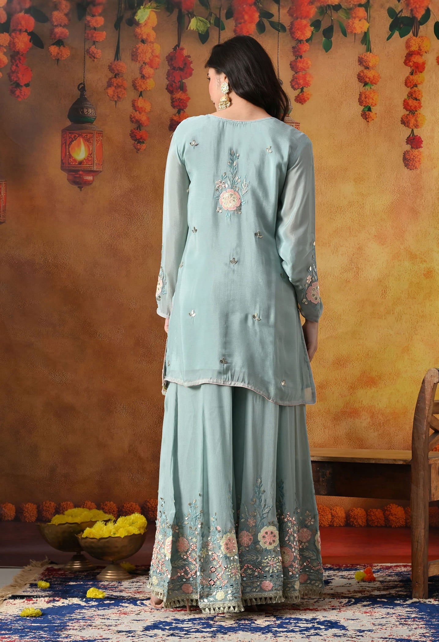 Sapphire Blue Chinon Sharara Set with intricate thread, gotta, applique, and mirror work, paired with a matching dupatta