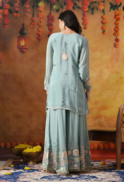 Sapphire Blue Chinon Sharara Set with intricate thread, gotta, applique, and mirror work, paired with a matching dupatta