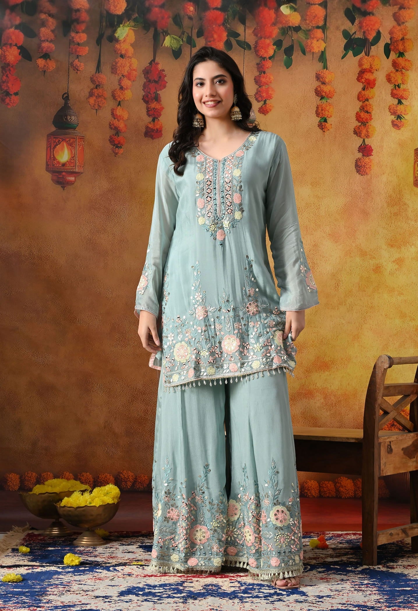 Sapphire Blue Chinon Sharara Set with intricate thread, gotta, applique, and mirror work, paired with a matching dupatta