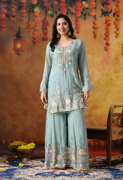 Sapphire Blue Chinon Sharara Set with intricate thread, gotta, applique, and mirror work, paired with a matching dupatta