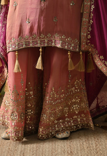 Carrot Pink Gharara Set with Gotta, Zardozi, Mirror & Applique Work
