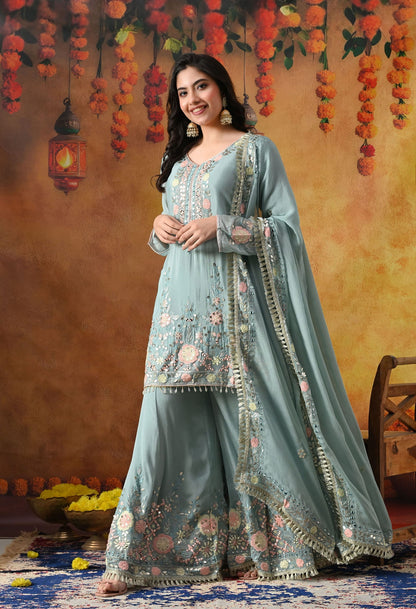 Sapphire Blue Chinon Sharara Set with intricate thread, gotta, applique, and mirror work, paired with a matching dupatta