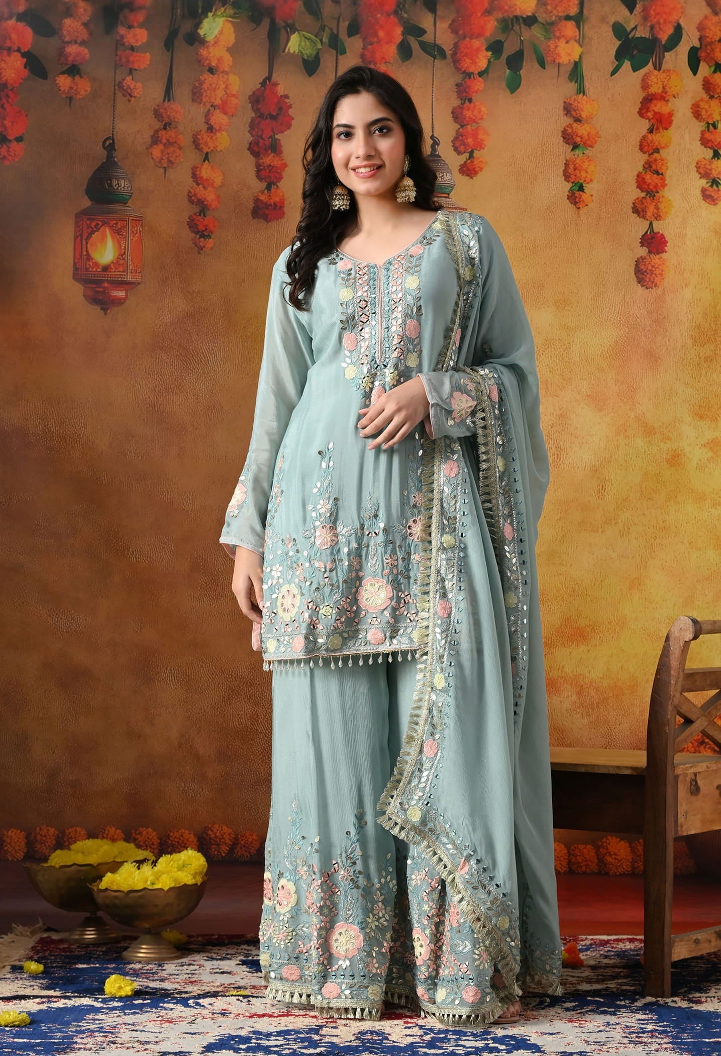 Sapphire Blue Chinon Sharara Set with intricate thread, gotta, applique, and mirror work, paired with a matching dupatta