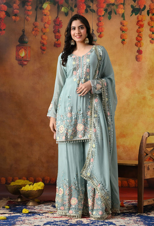 Sapphire Blue Chinon Sharara Set with intricate thread, gotta, applique, and mirror work, paired with a matching dupatta