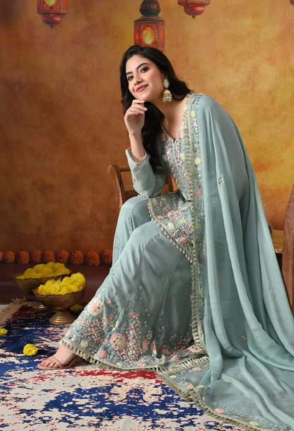 Sapphire Blue Chinon Sharara Set with intricate thread, gotta, applique, and mirror work, paired with a matching dupatta