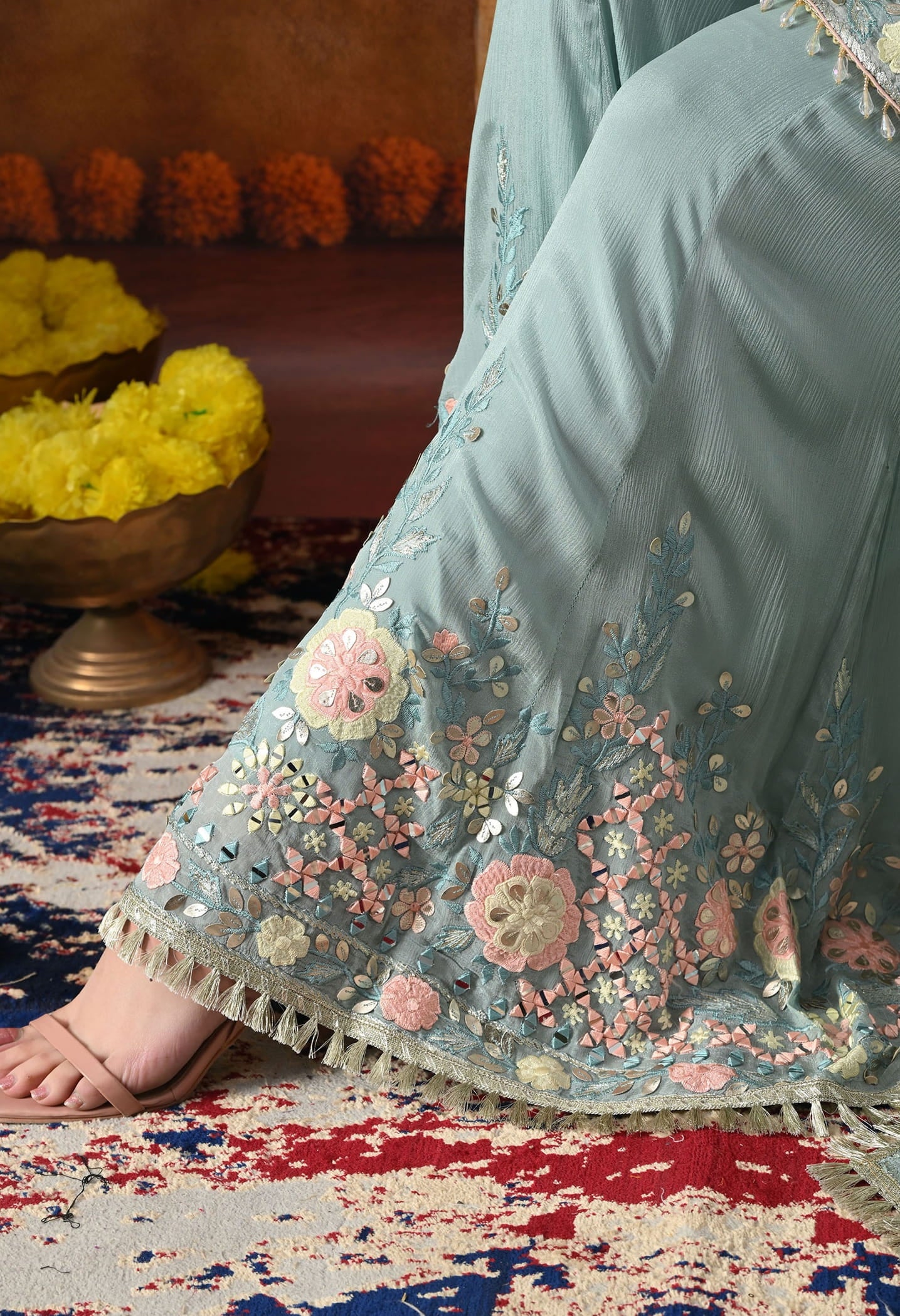 Sapphire Blue Chinon Sharara Set with intricate thread, gotta, applique, and mirror work, paired with a matching dupatta