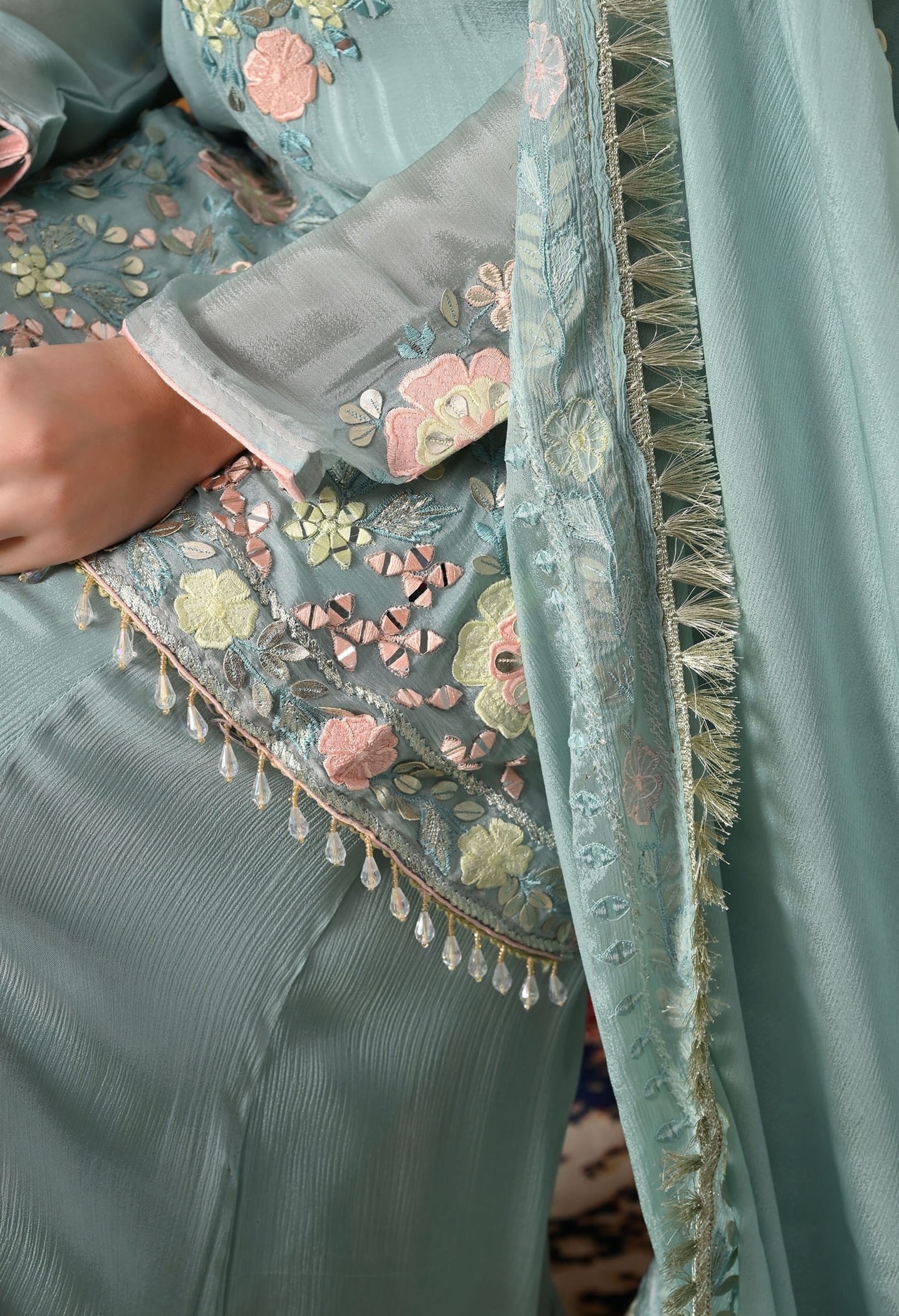 Sapphire Blue Chinon Sharara Set with intricate thread, gotta, applique, and mirror work, paired with a matching dupatta