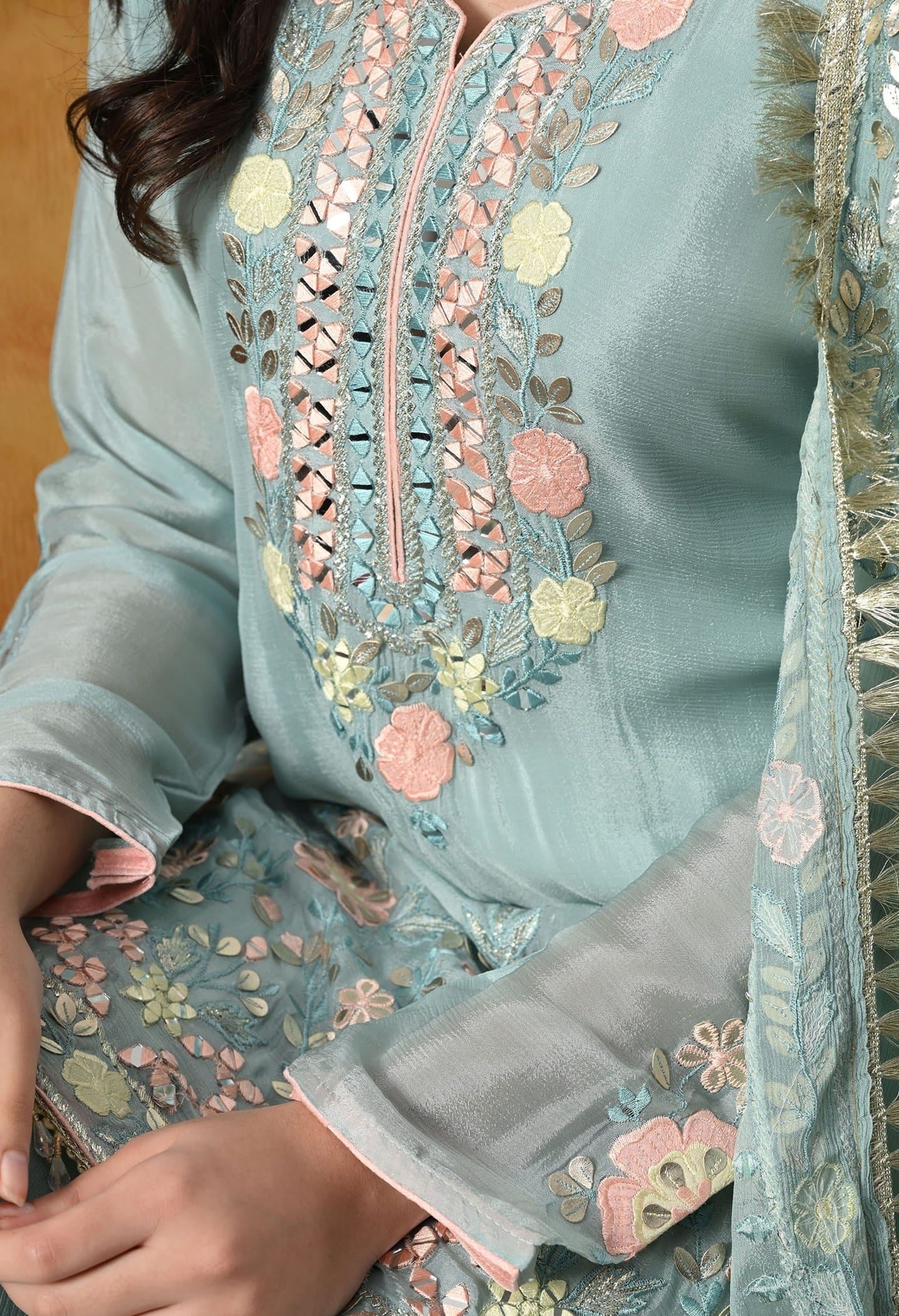 Sapphire Blue Chinon Sharara Set with intricate thread, gotta, applique, and mirror work, paired with a matching dupatta