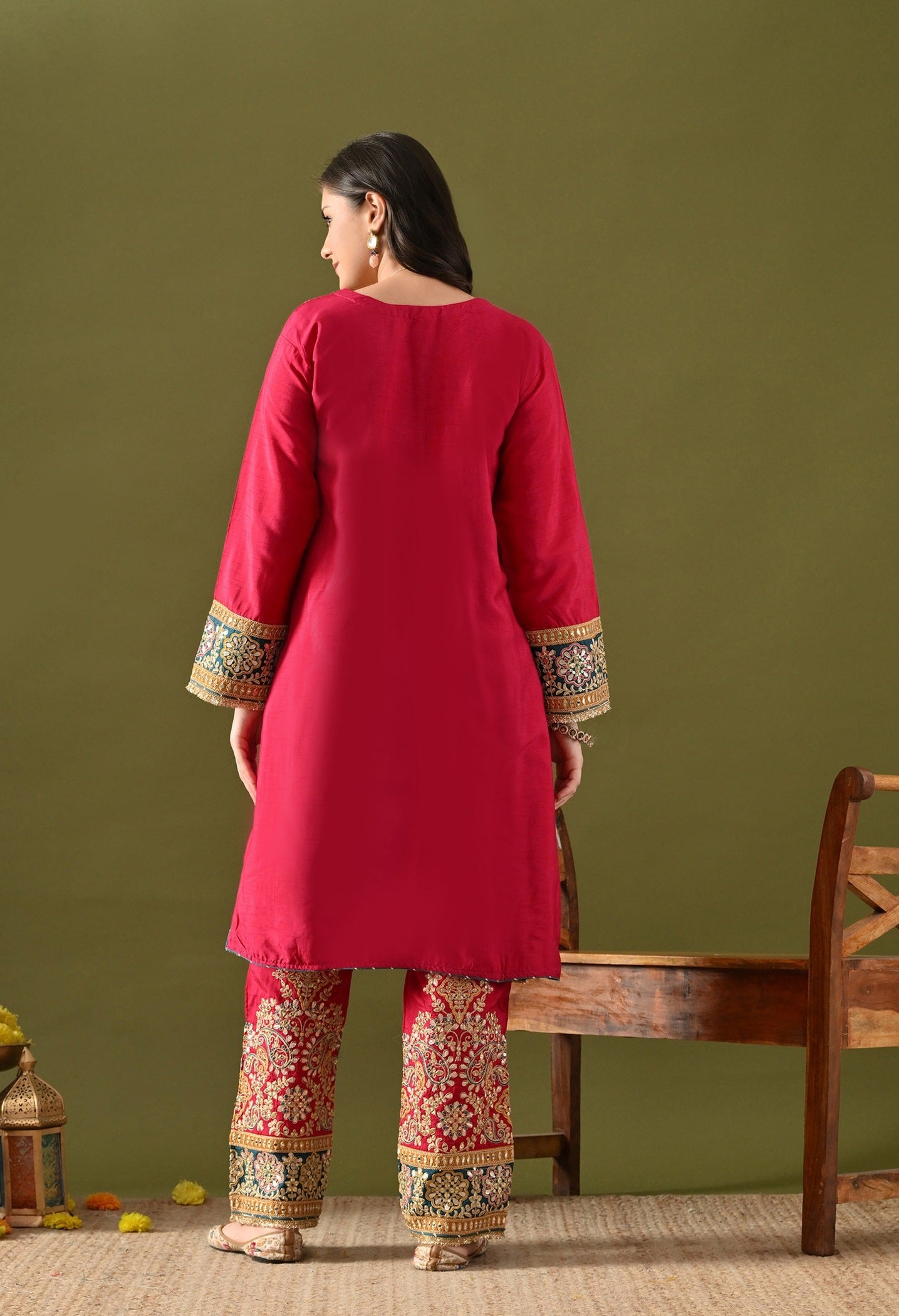 Hot Pink Kurta Set with Gotta, Zardozi & Sequin Detailing.