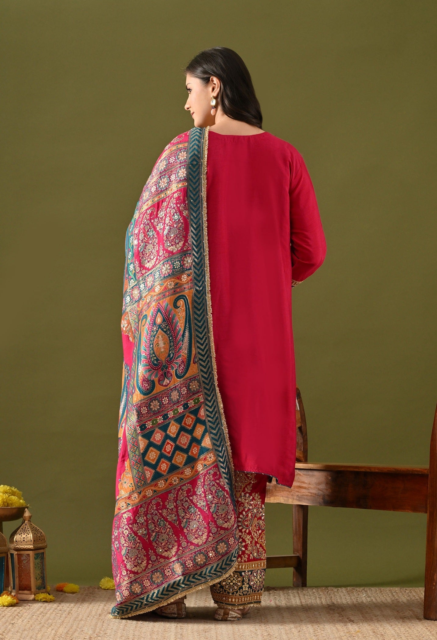 Hot Pink Kurta Set with Gotta, Zardozi & Sequin Detailing.
