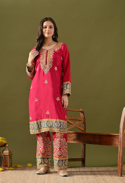 Hot Pink Kurta Set with Gotta, Zardozi & Sequin Detailing.