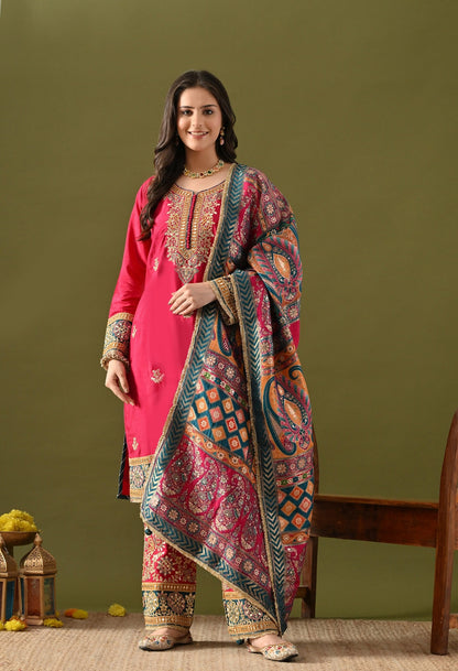 Hot Pink Kurta Set with Gotta, Zardozi & Sequin Detailing.