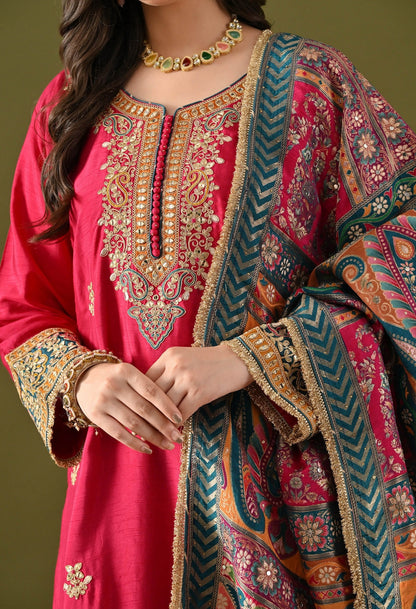 Hot Pink Kurta Set with Gotta, Zardozi & Sequin Detailing.