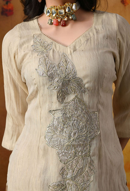 Golden Sharara Set in crust tissue organza with intricate gotta, crystal, and applique work, paired with a golden brown sharara and dupatta