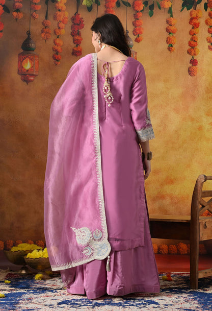Lilac Purple Tissue Organza Sharara Set with intricate zardozi and applique work, paired with a matching dupatta