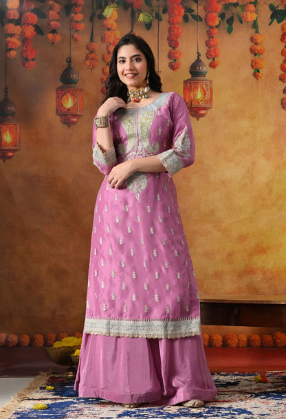 Lilac Purple Tissue Organza Sharara Set with intricate zardozi and applique work, paired with a matching dupatta