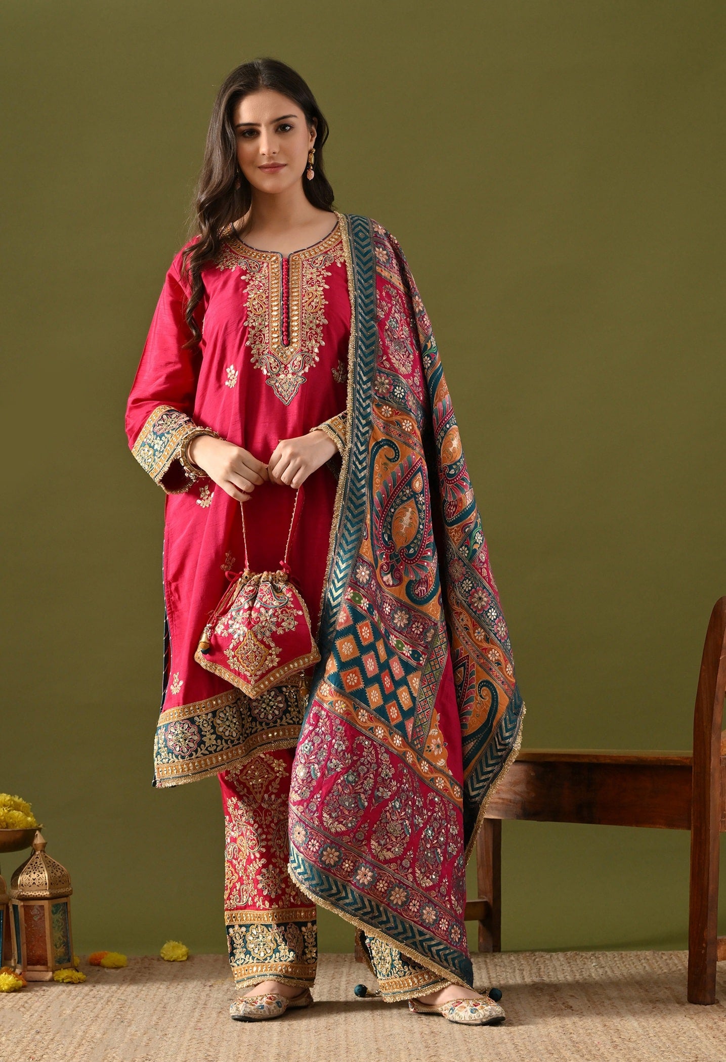 Hot Pink Kurta Set with Gotta, Zardozi & Sequin Detailing.