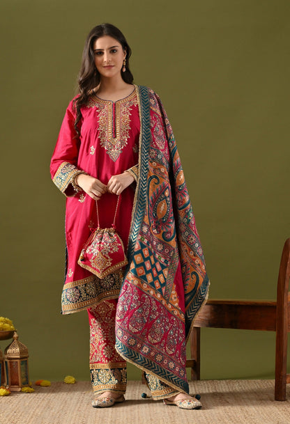 Hot Pink Kurta Set with Gotta, Zardozi & Sequin Detailing.