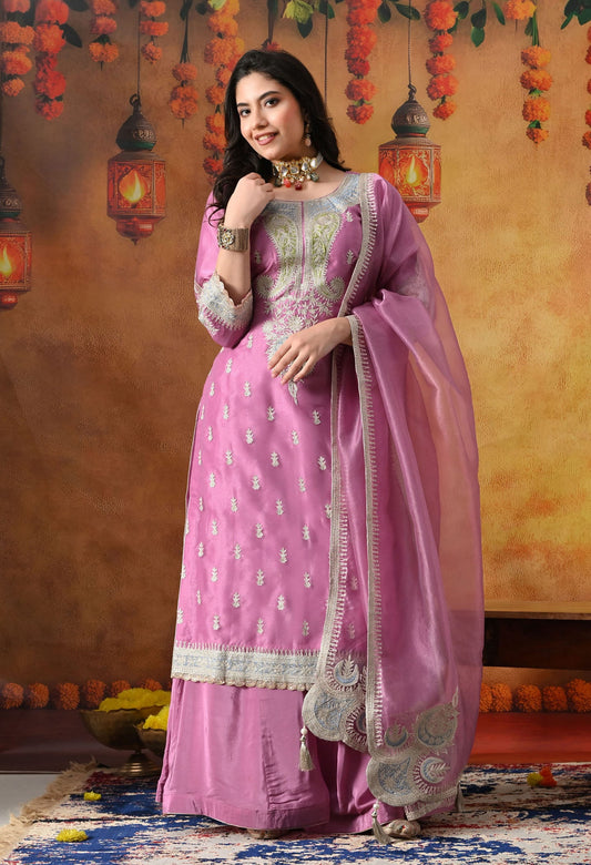 Lilac Purple Tissue Organza Sharara Set with intricate zardozi and applique work, paired with a matching dupatta