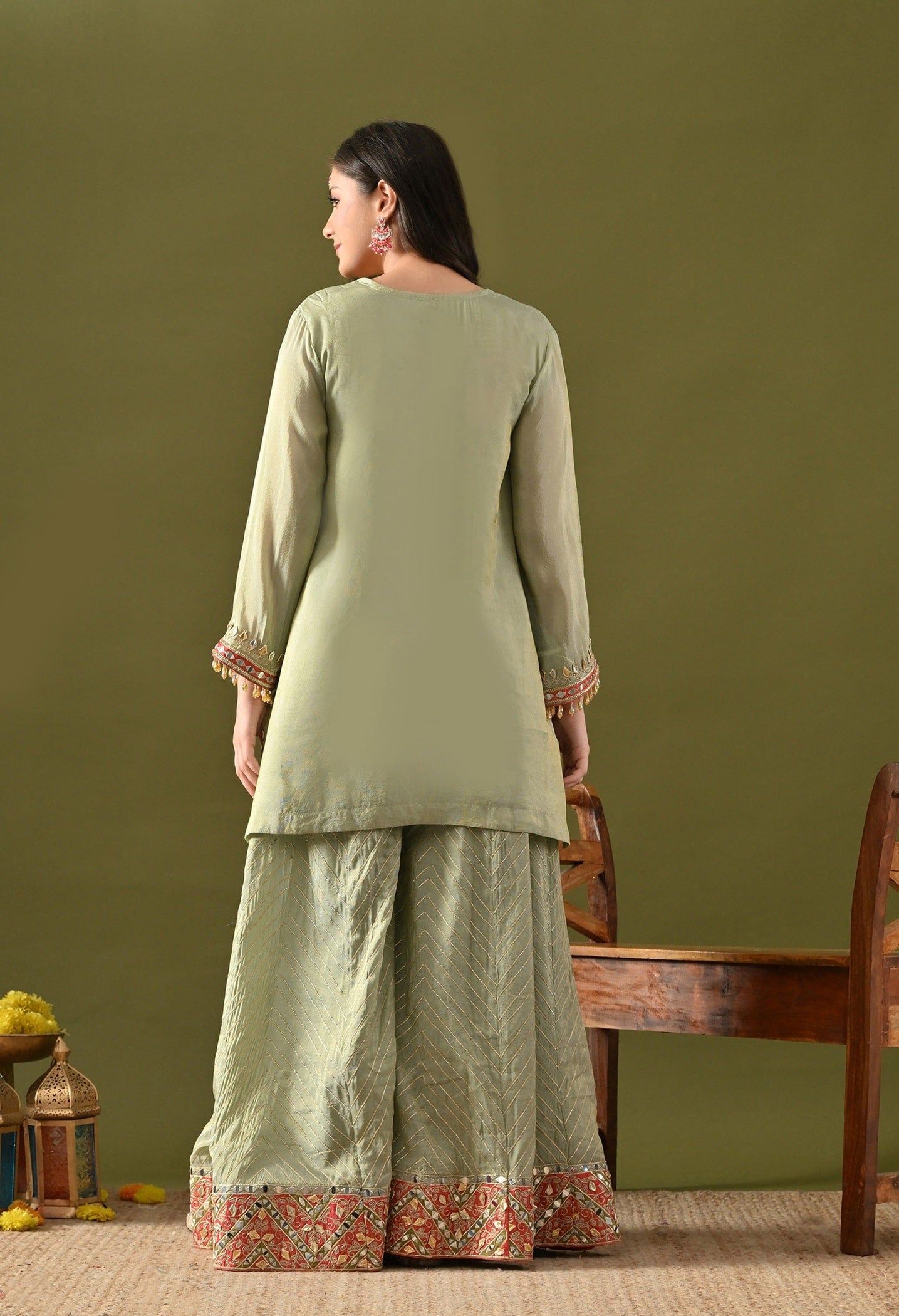 Pista Green Sharara Set with Gotta, Mirror & Zardozi Embroidery