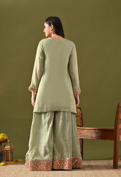 Pista Green Sharara Set with Gotta, Mirror & Zardozi Embroidery