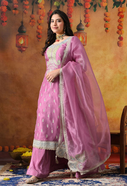 Lilac Purple Tissue Organza Sharara Set with intricate zardozi and applique work, paired with a matching dupatta