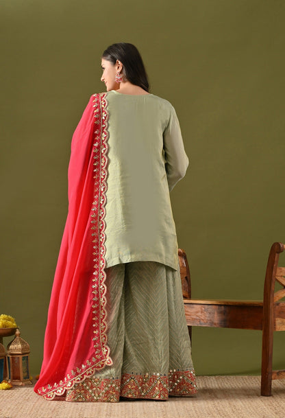 Pista Green Sharara Set with Gotta, Mirror & Zardozi Embroidery