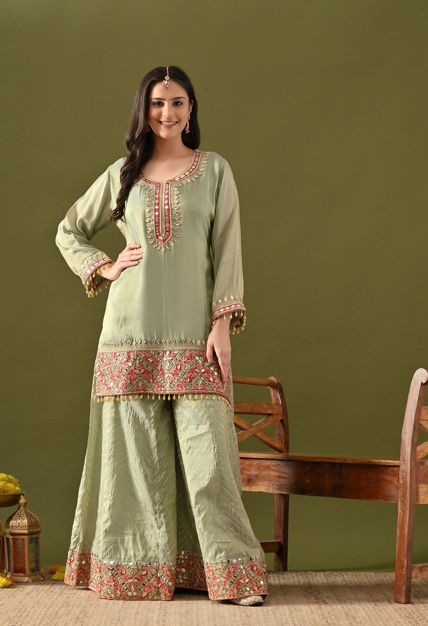 Pista Green Sharara Set with Gotta, Mirror & Zardozi Embroidery